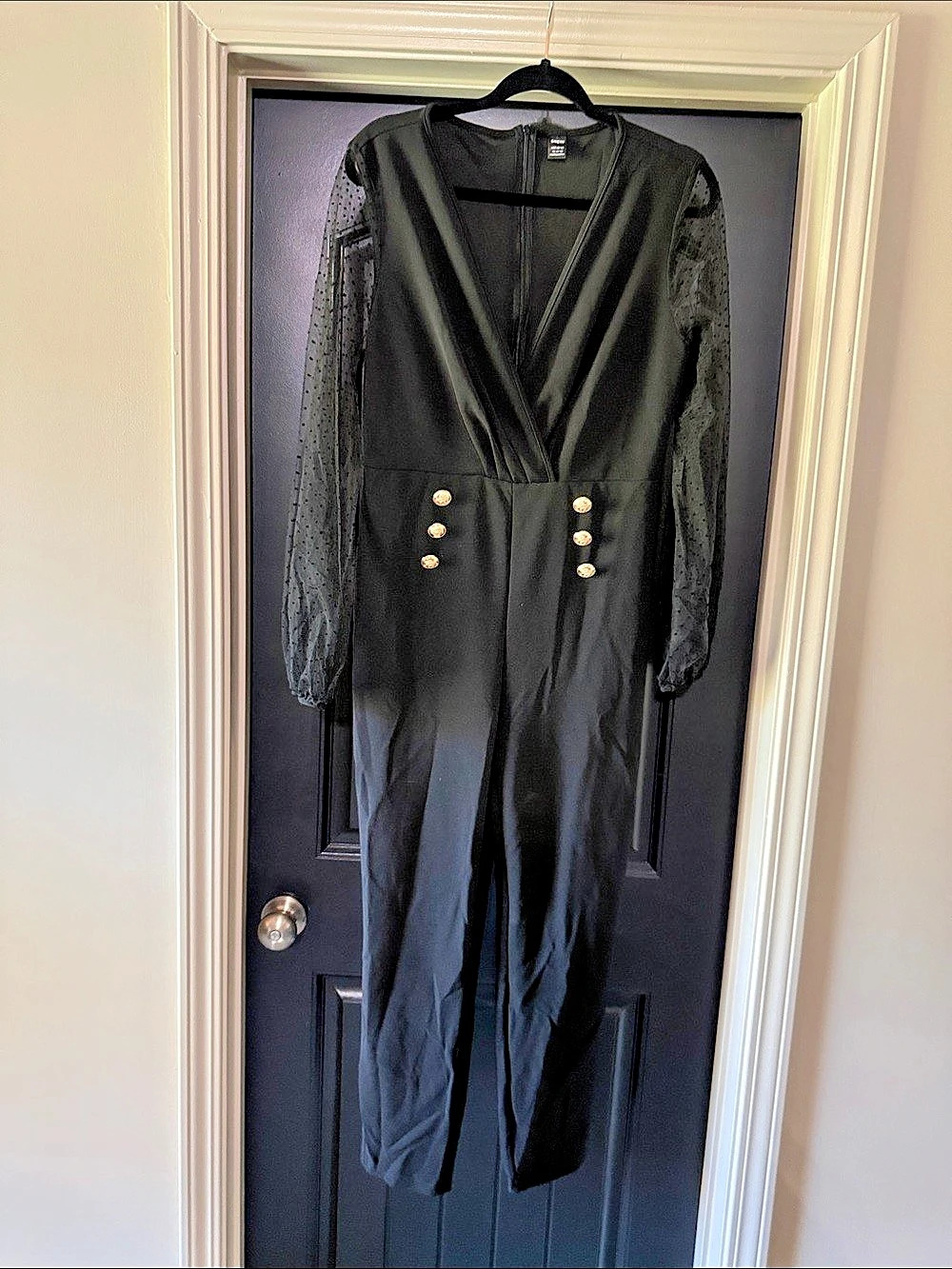 SHEIN Black Wrap Front Jumpsuit with Sheer Sleeves